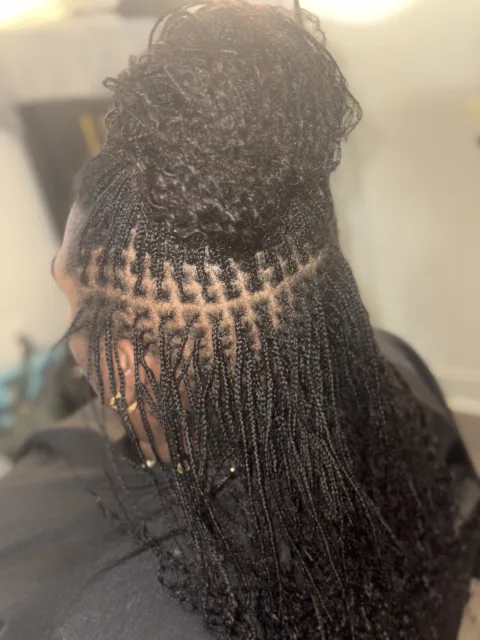 Fine locs with carefully parted roots and flowing lengths at September’s Locs