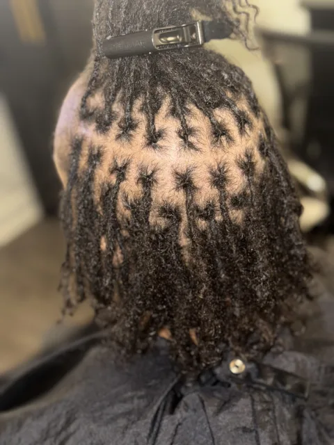 Close back view of parted roots and short loc lengths at September’s Locs